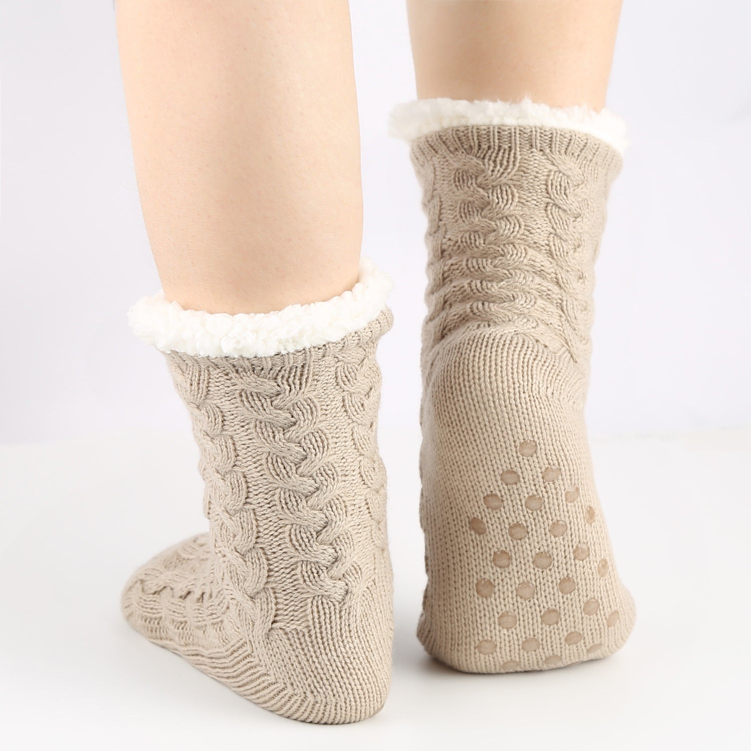 Tiosebon Unisex Fuzzy Fleece-Lined  Slipper Socks-Khaki