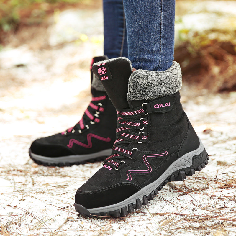 Tiosebon Unisex Outdoor Fur Ankle Boots-Black-Rose